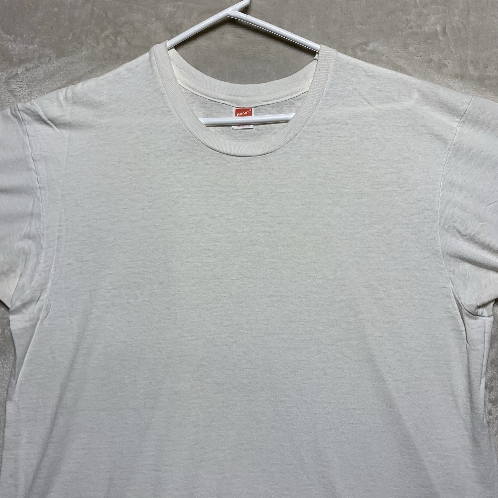 Vintage 90s Hanes Blank White T Shirt L/XL Worn Distressed Single Stitch USA gallery