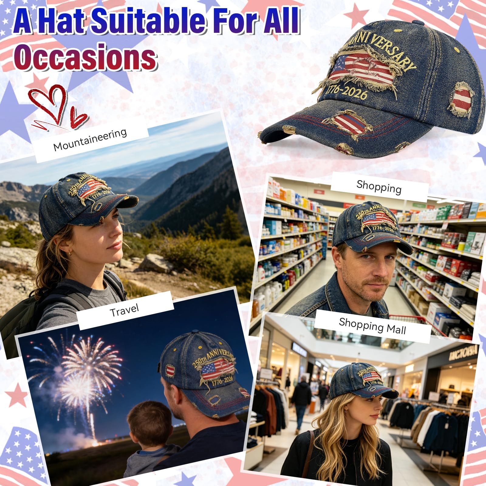 250 Anniversary USA Hat 17762026, Distressed Denim Embroidered Flag Patriotic... gallery