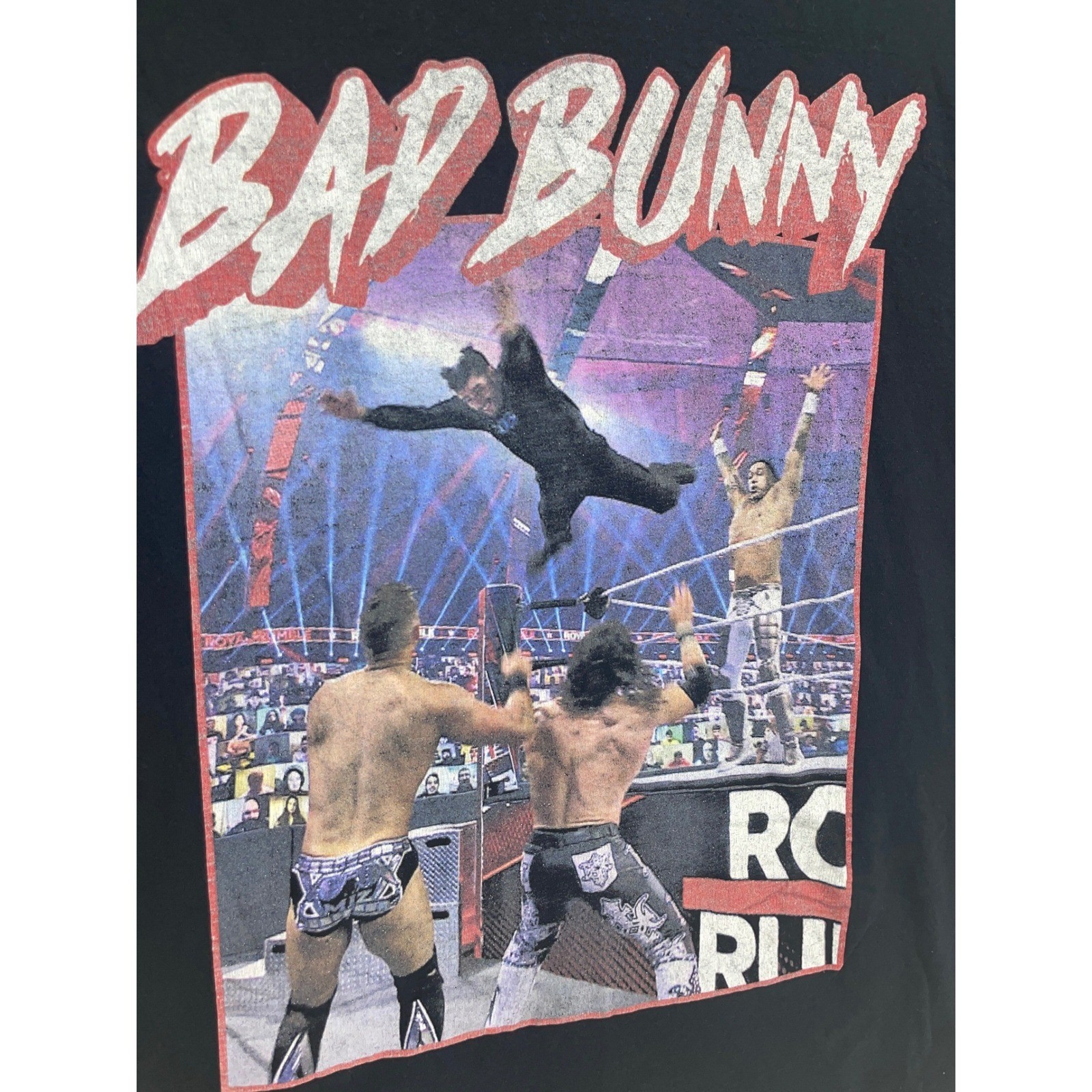 WWE Authentic Bad Bunny Black Graphic T-Shirt Large Royal Rumble Skull Merch gallery