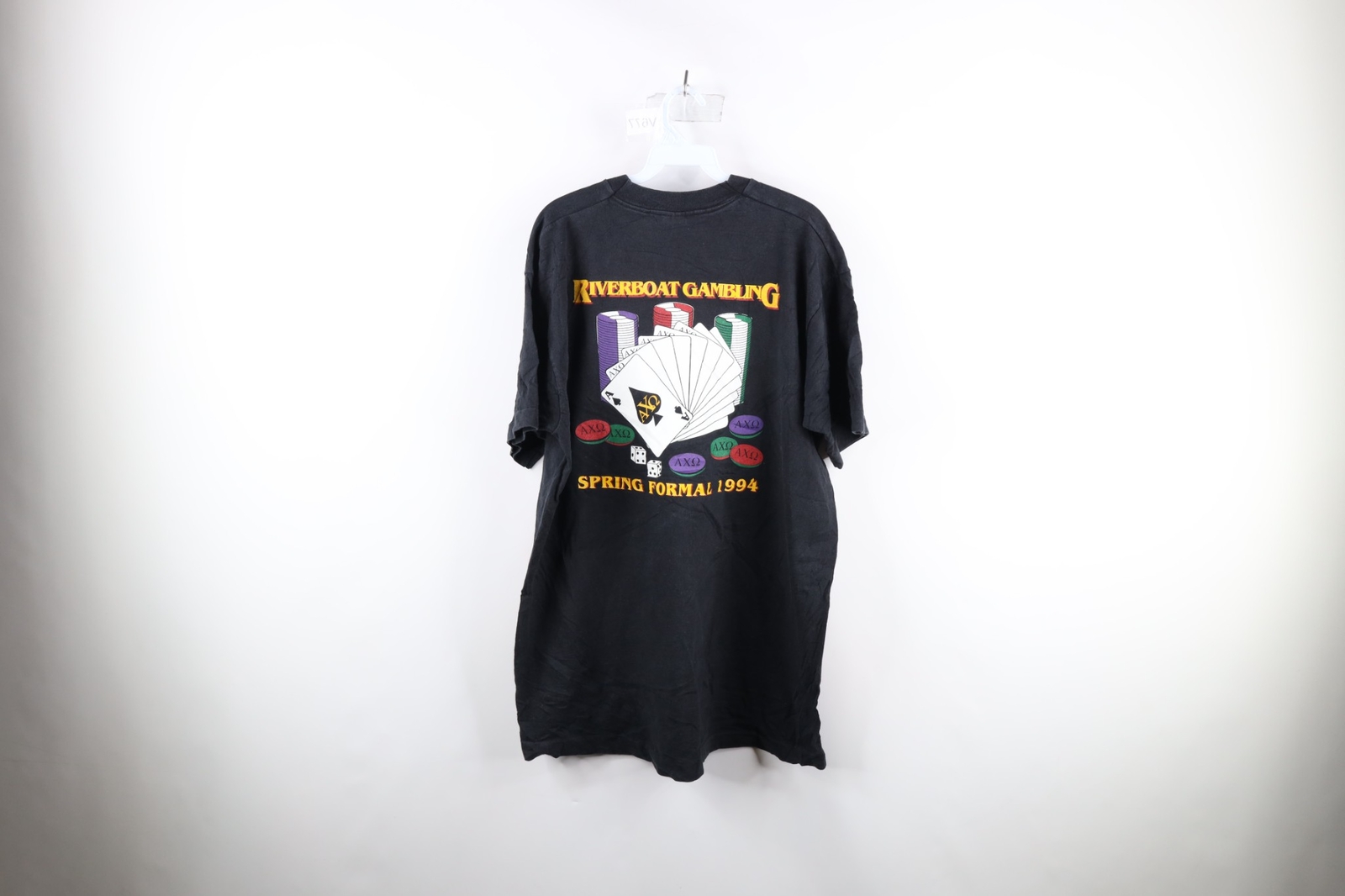 Vtg 90s Mens XL Faded Spell Out Alpha Chi Omega Spring Formal Fraternity T-Shirt gallery