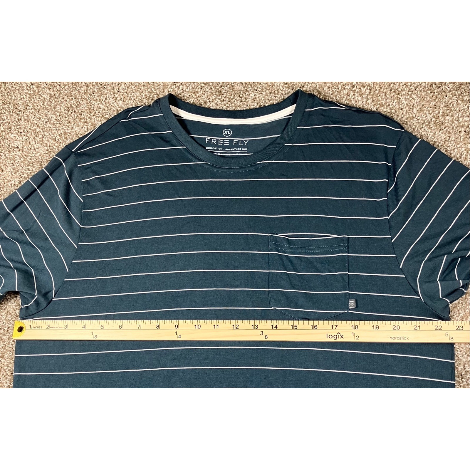 Free Fly Mens XL Bamboo Performance Striped Pocket T-Shirt Blue White Crew Neck gallery
