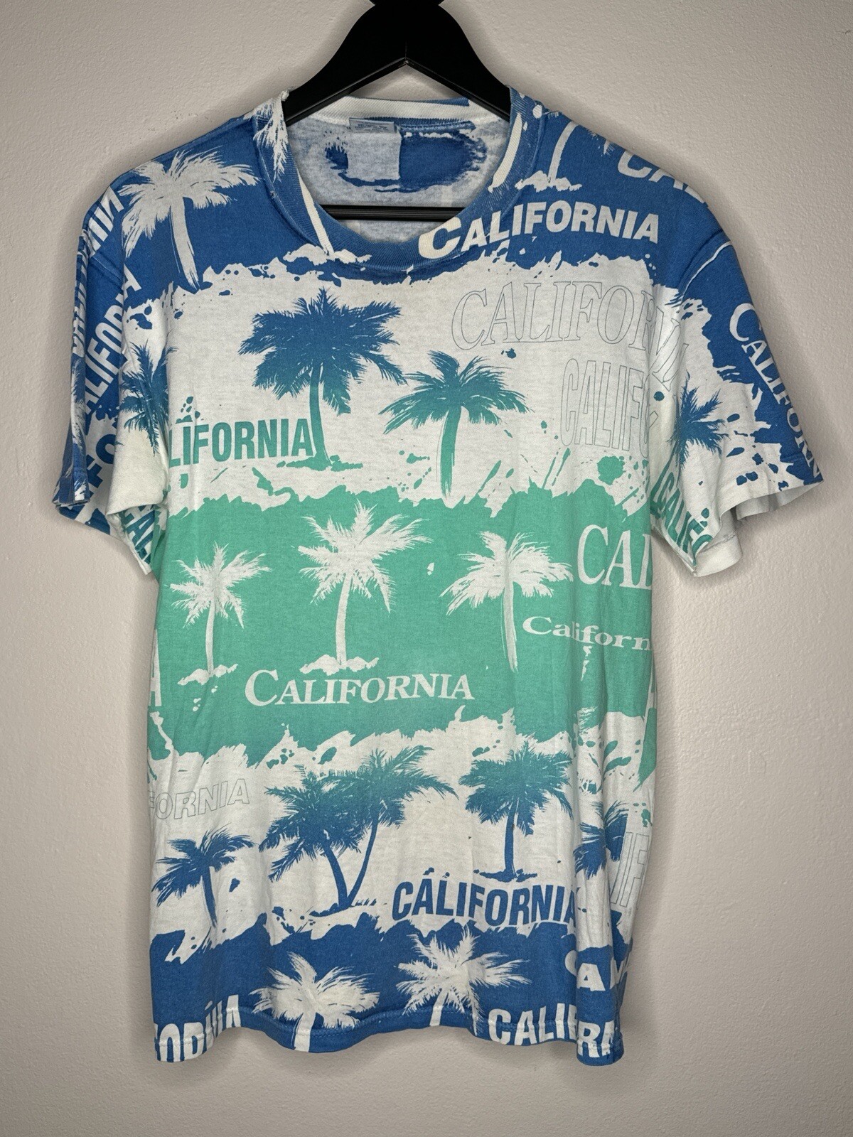 Vintage 90s California Palm Tree AOP Surf Beach T Shirt USA Single Stitch L