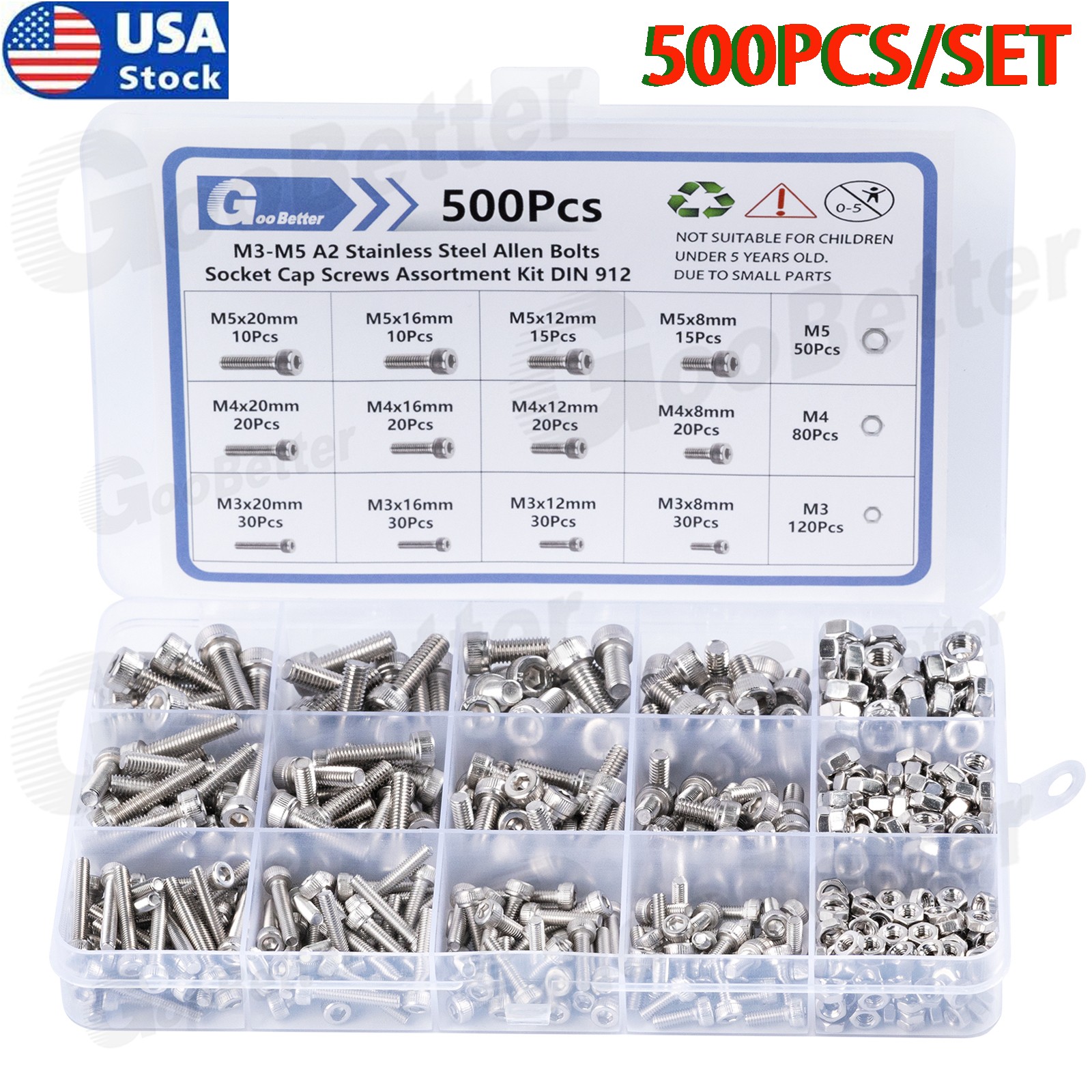 500pcs M3 M4 M5 Allen Hex Socket Screws With Hex Nut Assortment Stainless Steel