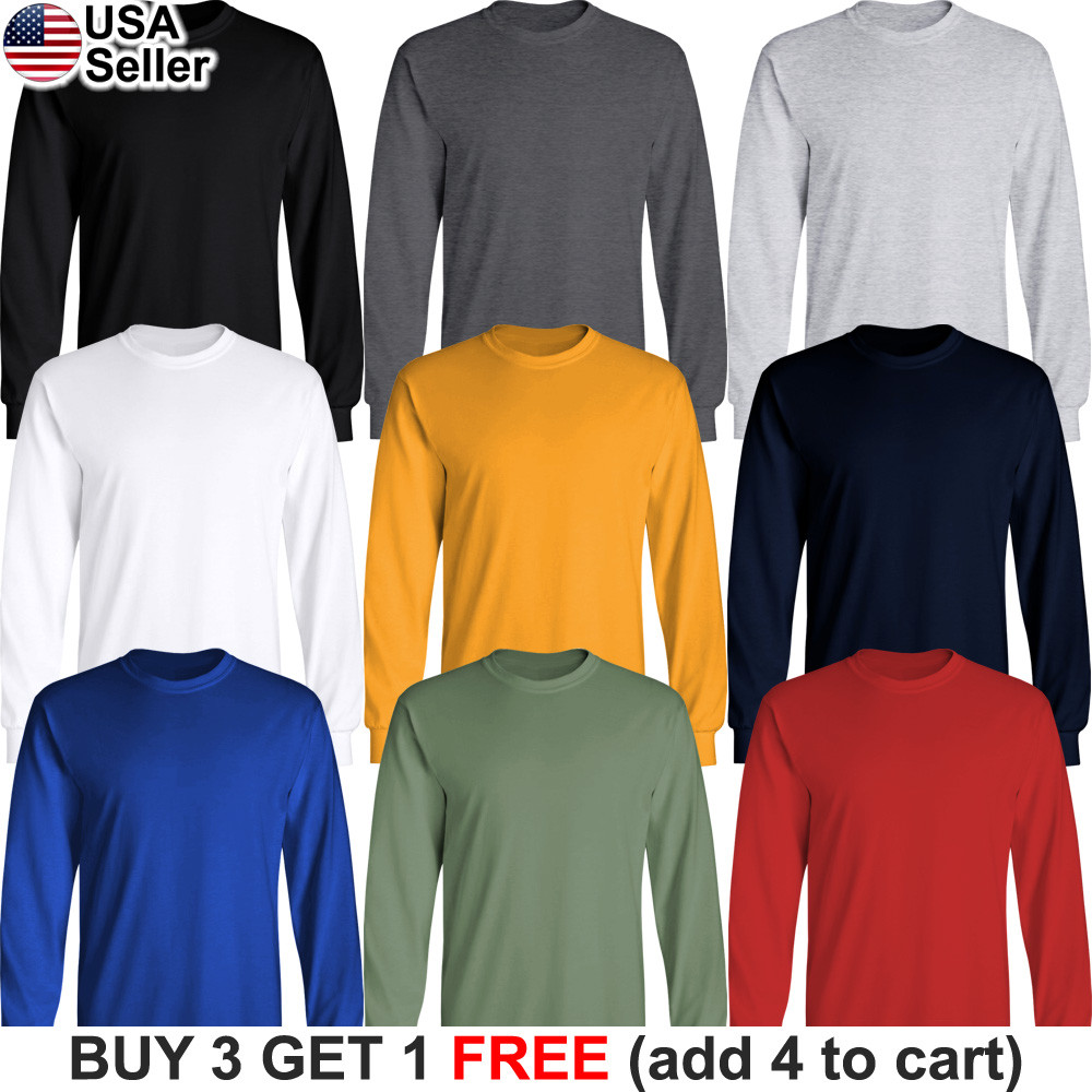 Basic Cotton T-Shirt Long Sleeve Plain Crew Neck Solid Men Youth Blank Color gallery