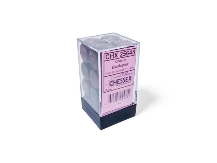 Chessex Opaque Black with Pink 12 Dice Set – 6 Sided – 16mm d6 Dice Block