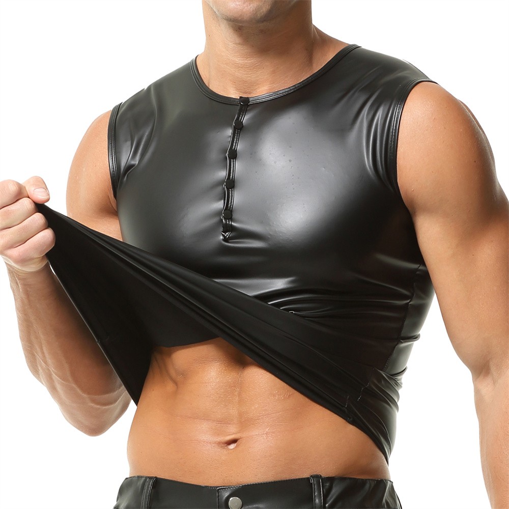 Mens Casual Sleeveless Vest Black Pvc Leather Slim Fit Tank Tops Fitness T-shirt gallery