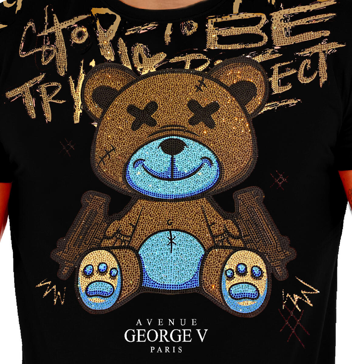 Avenue George V Paris Short Sleeves Black T-shirt Rhinestone Golden Teddy bear gallery