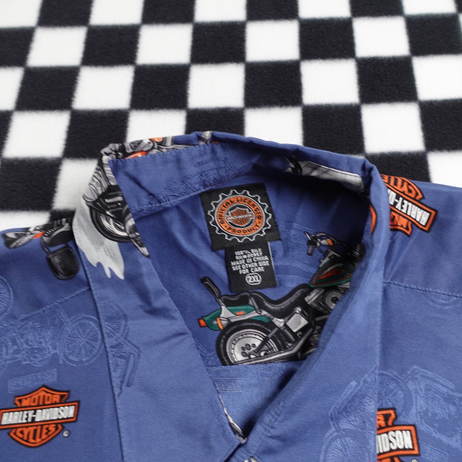 Vintage Harley Davison biker Hawaiian all over print button up Shirt 2XL Silk gallery