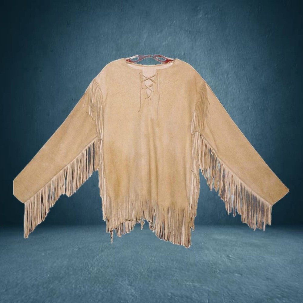 Men’s Suede Leather Western Fringe Shirt Pullover Native Style Buckskin Top