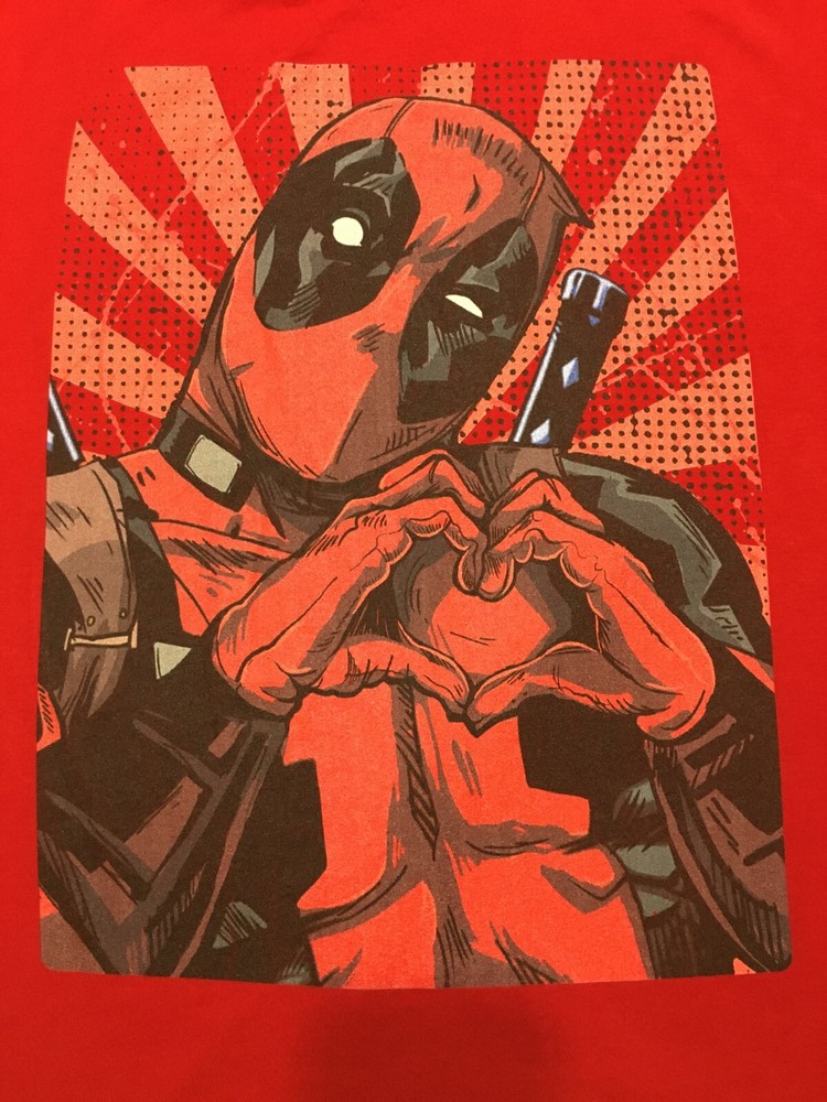 Men’s Marvel Deadpool Heart You Red Graphic T-Shirt Size Large Cut Sleeve Hems