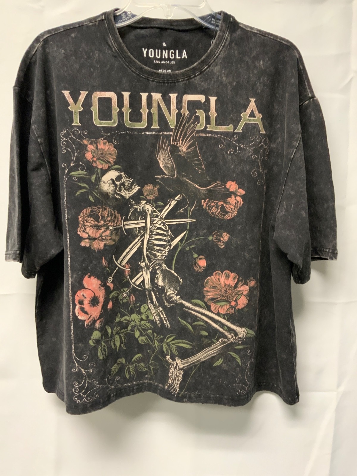 YoungLA 4116 Floral Skull Tee Men’s Medium Black Mineral Wash Skeleton Crow NWT