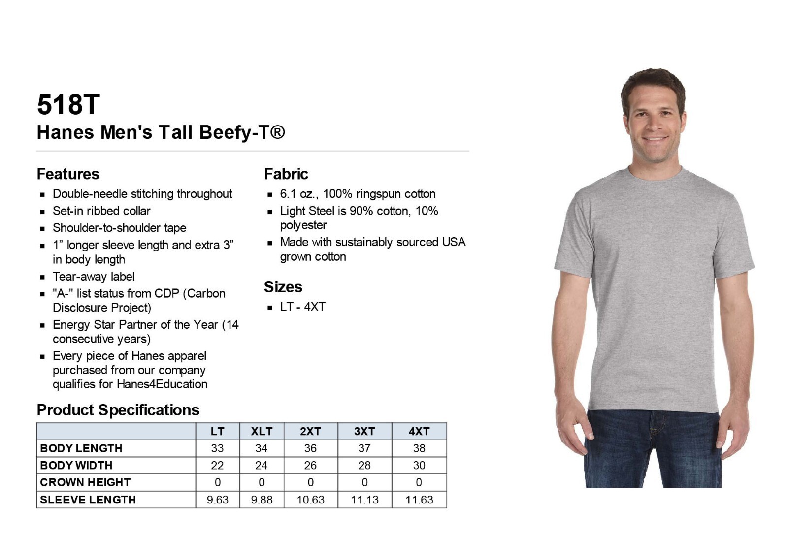 Hanes Mens Tall T-Shirt Short Sleeves Beefy Tall 6.1 oz Heavy Tee LT-4XLT 518T gallery