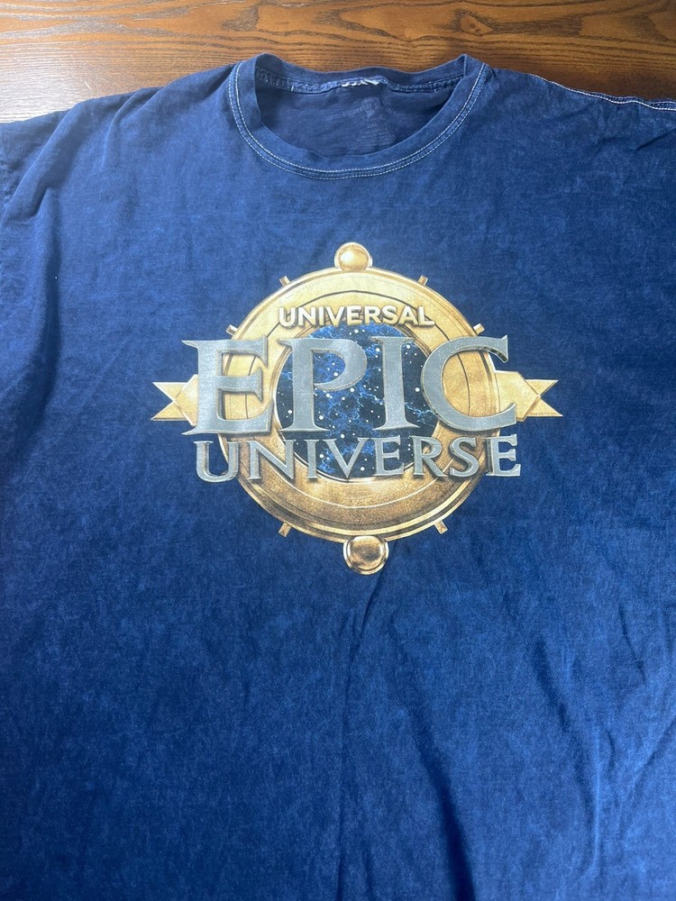 Universal Epic Universe Acid Wash Graphic T Shirt Blue Theme Park Tee XXL