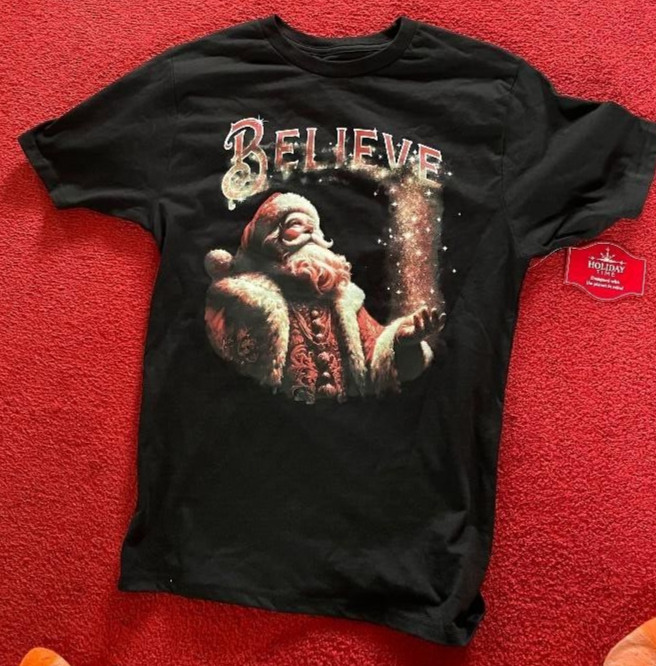 Holiday Time Mens Black Christmas Santa Believe Graphic T-shirt Size S 34-36 NWT gallery