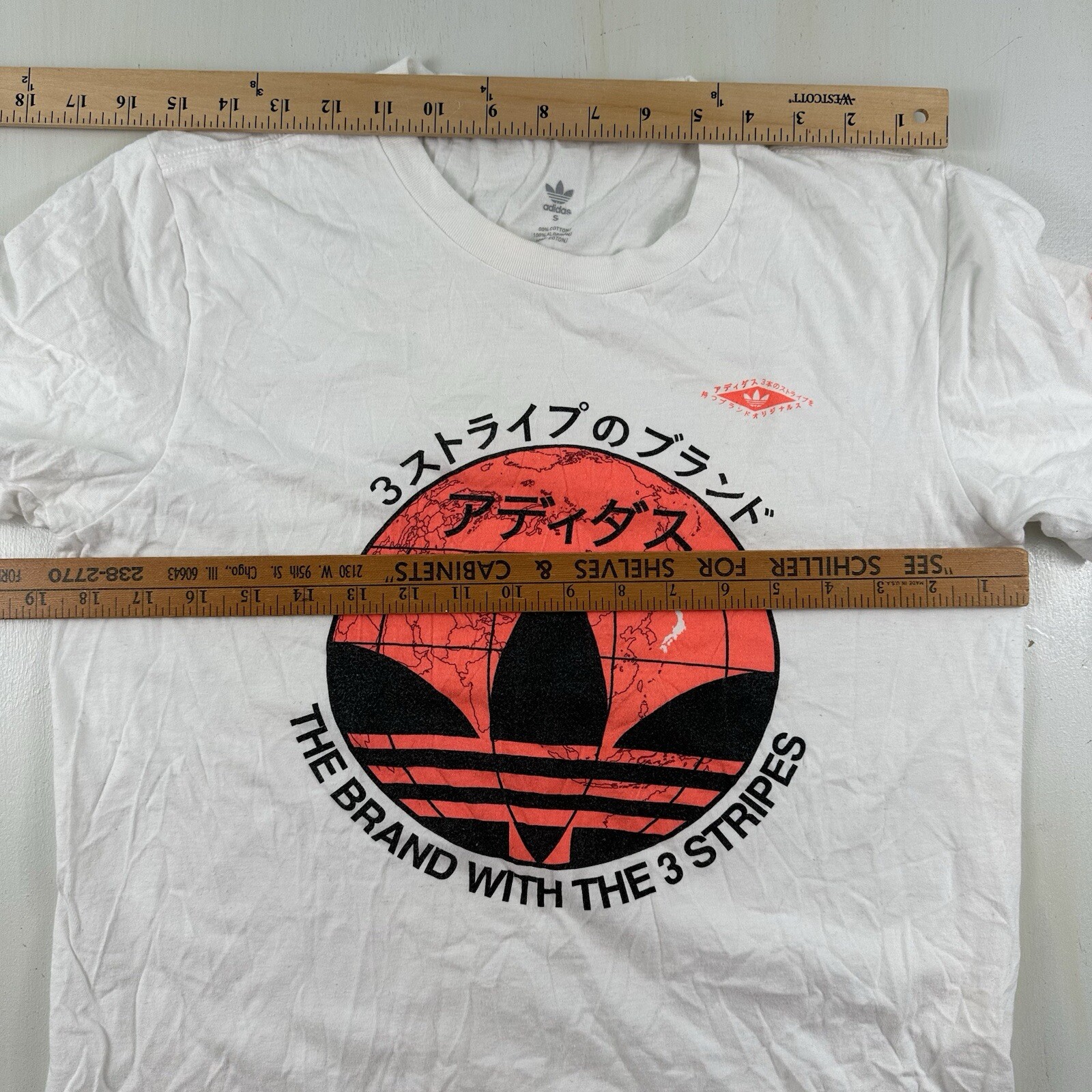 ADIDAS Japan Script Print T-Shirt Mens Small Trefoil Text Logo White Orange gallery