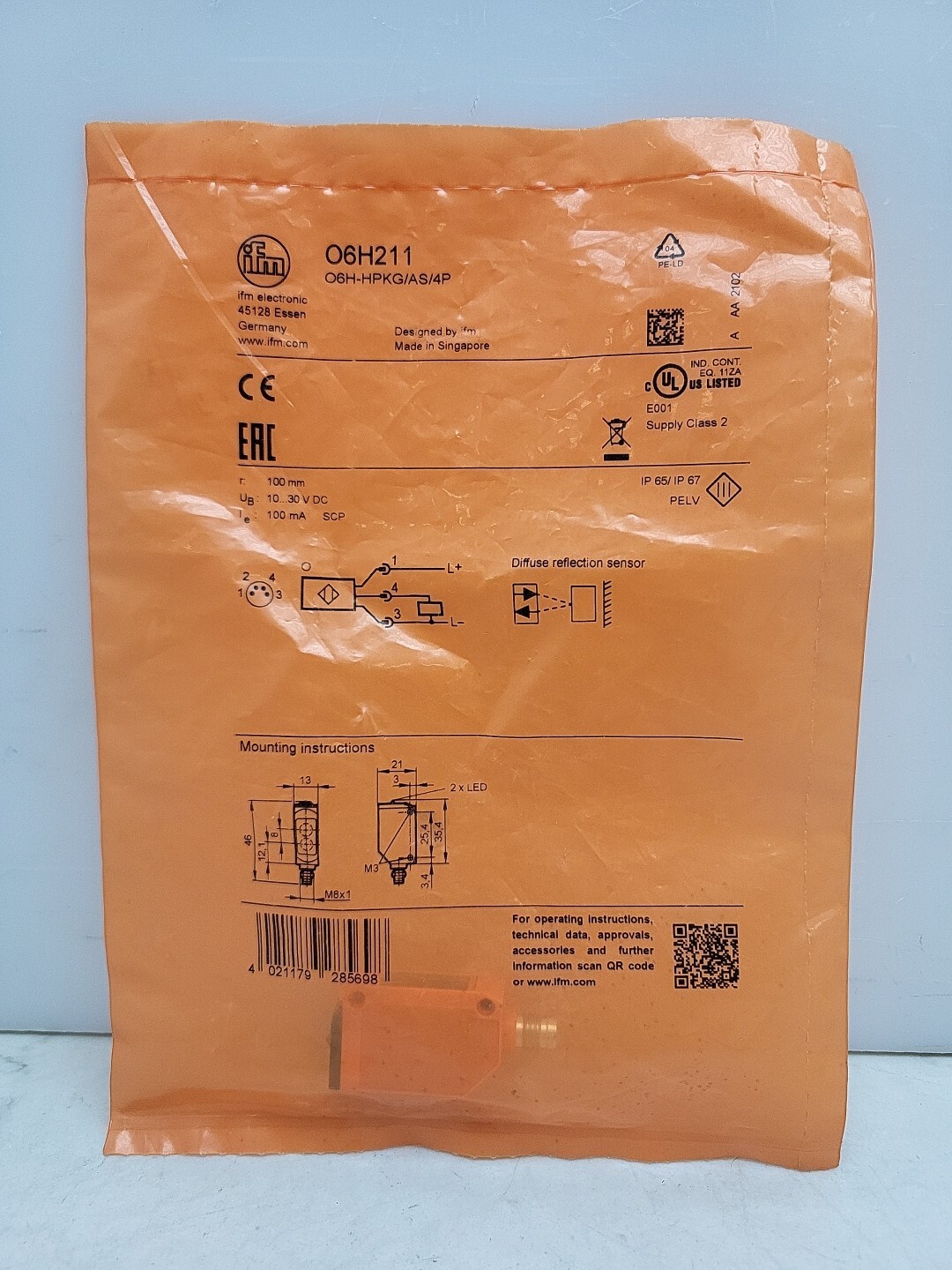 Ifm O6H211 Diffuse Reflection Sensor with Background Suppression 10-30 Vdc New