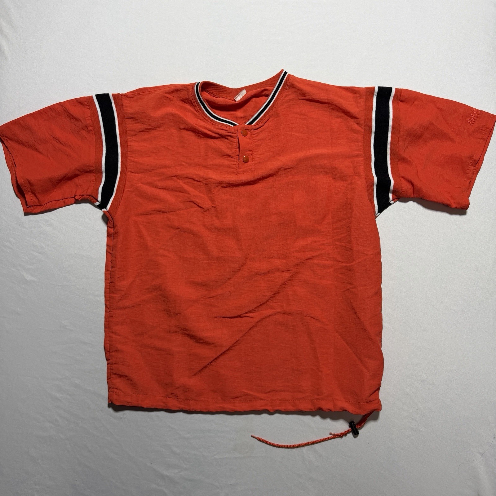 DeLong USA Vintage Nylon Pullover Shirt Medium Orange Black Stripe Drawstring gallery