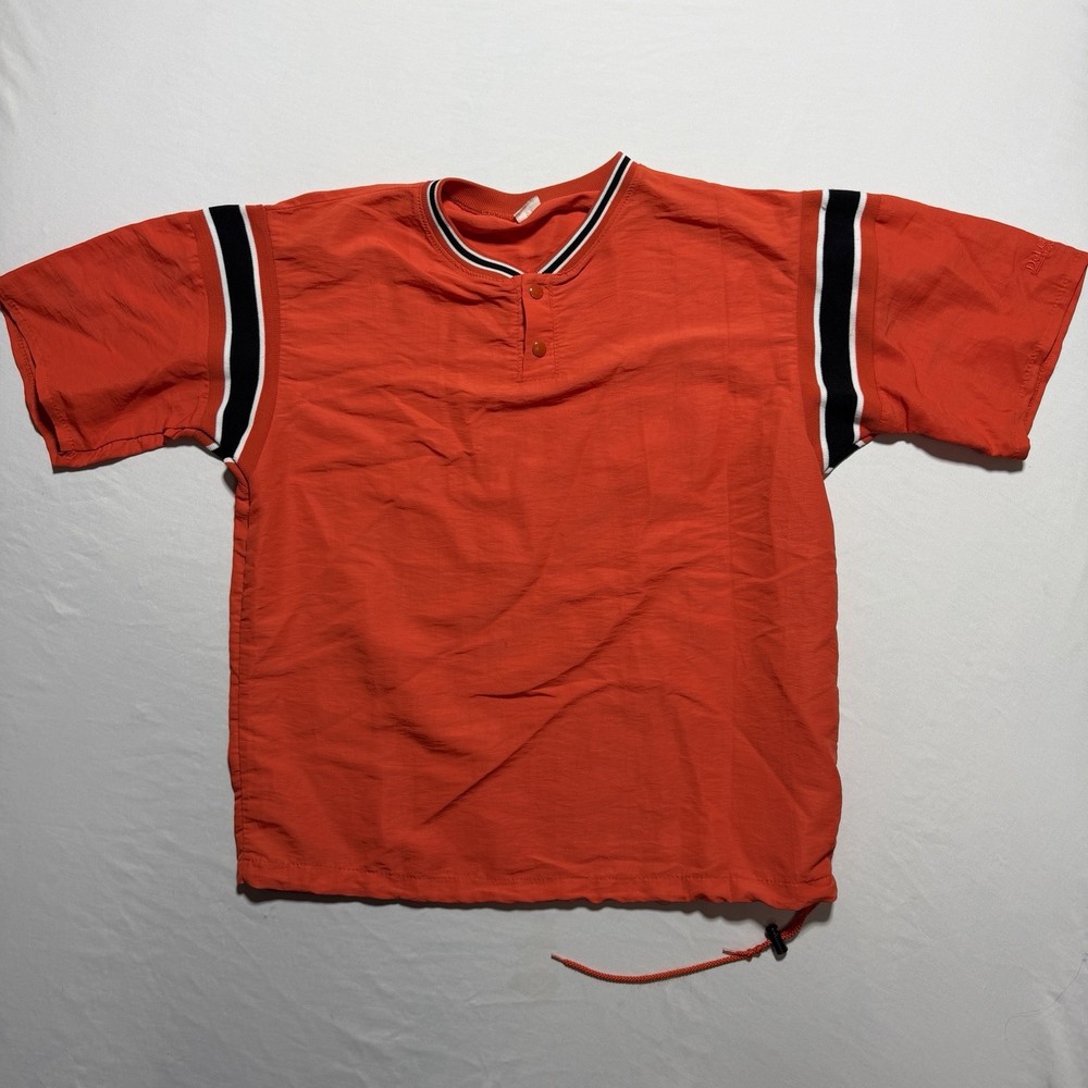 DeLong USA Vintage Nylon Pullover Shirt Medium Orange Black Stripe Drawstring