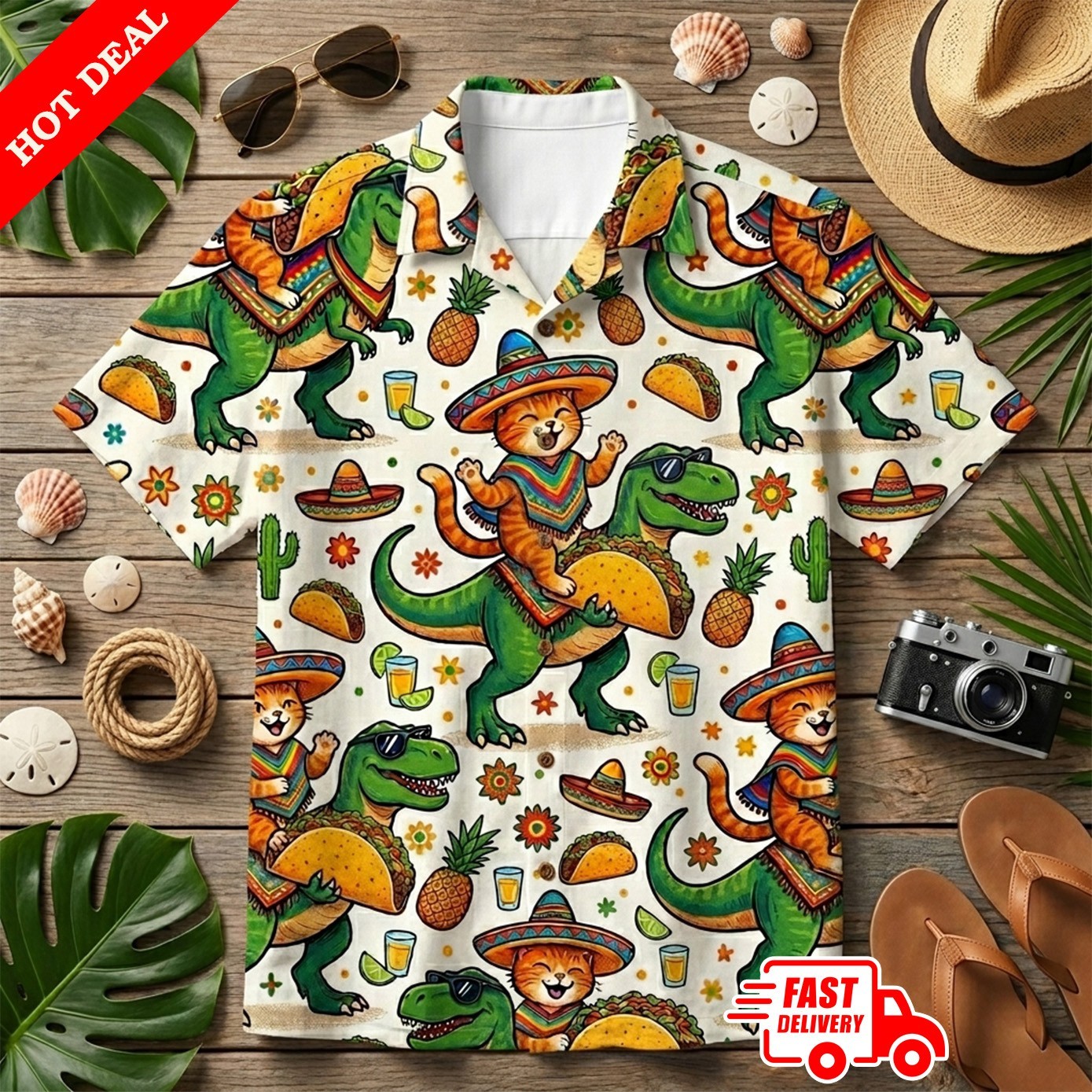 Funny Cat Riding Dinosaur Taco Hawaiian Shirt Mens Aloha Summer Fiesta Party gallery