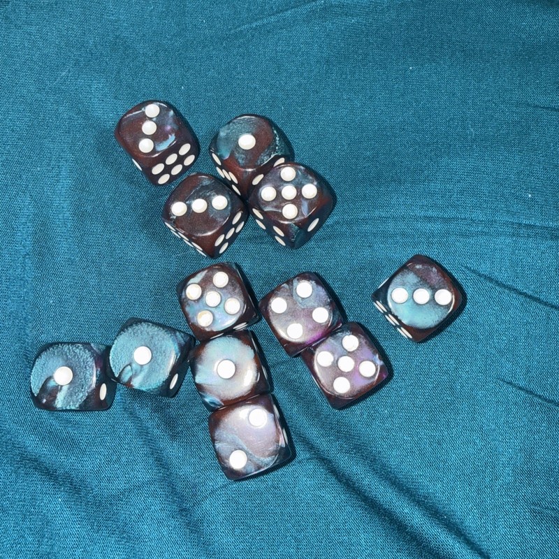 Dice D6 Set Of 12 Swirled Dice 16mm Blue Purple And Teal With White Pips