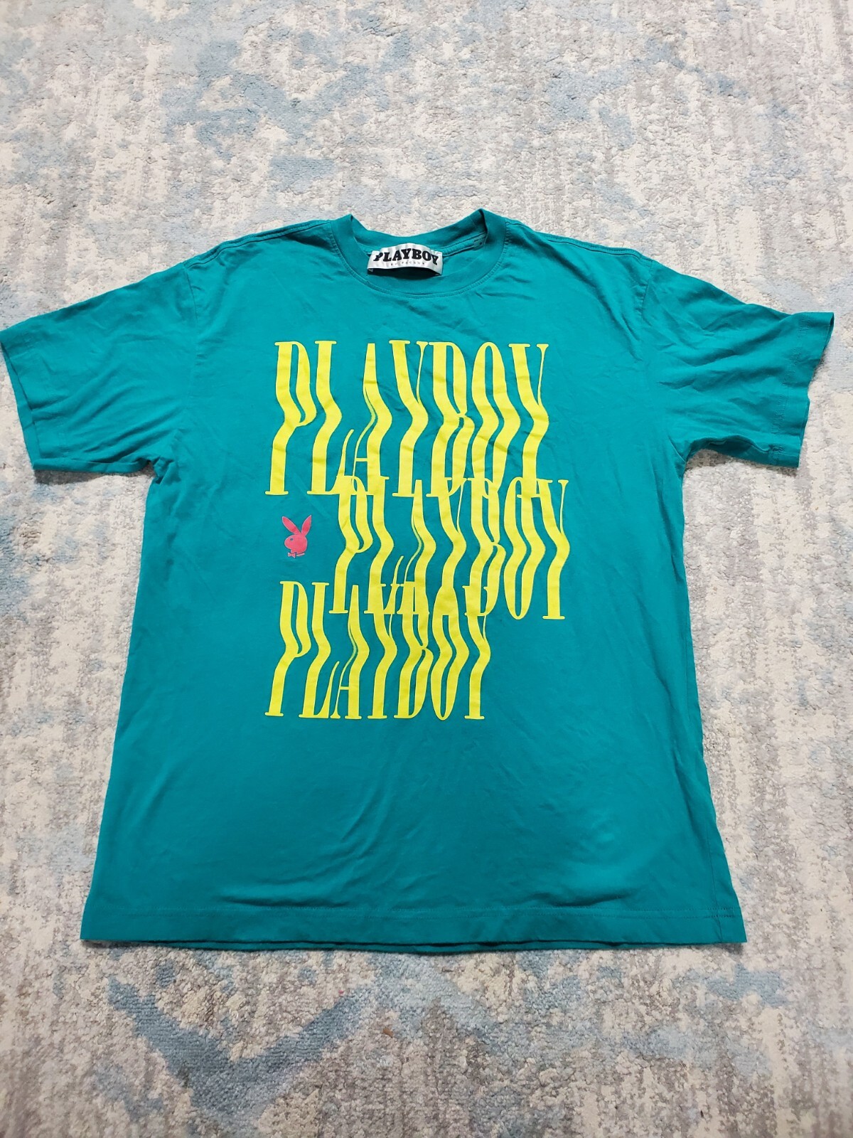 Playboy Pacsun Heat Wave T Shirt Teal Yellow Wavy Print Spell Out Size small gallery