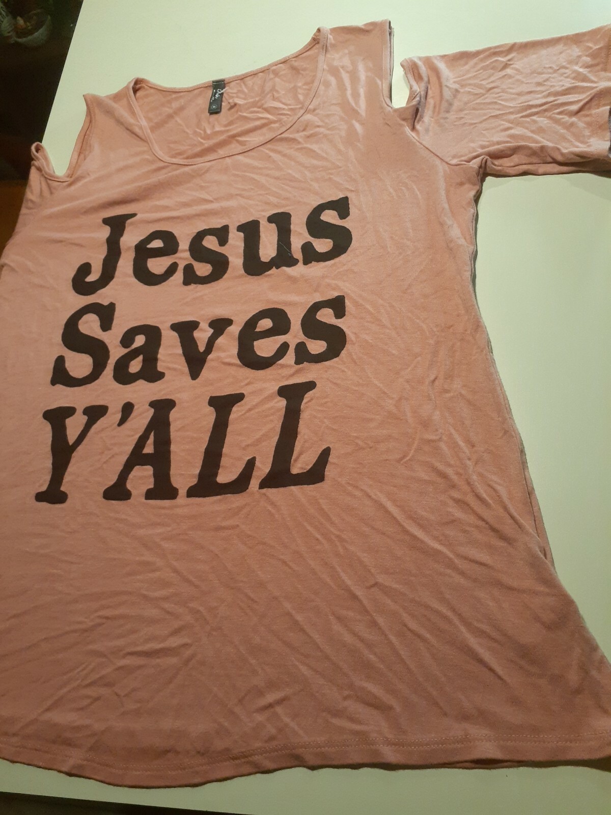 Pink Jesus Saves Y'all medium cold shoulder T Shirt Tee Religious God Faith gallery