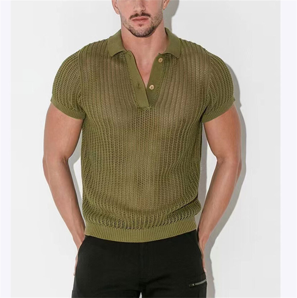 Men Elastic Knit T-Shirt Fashion Casual Top Short Sleeve Summer Polo Shirt Loose gallery