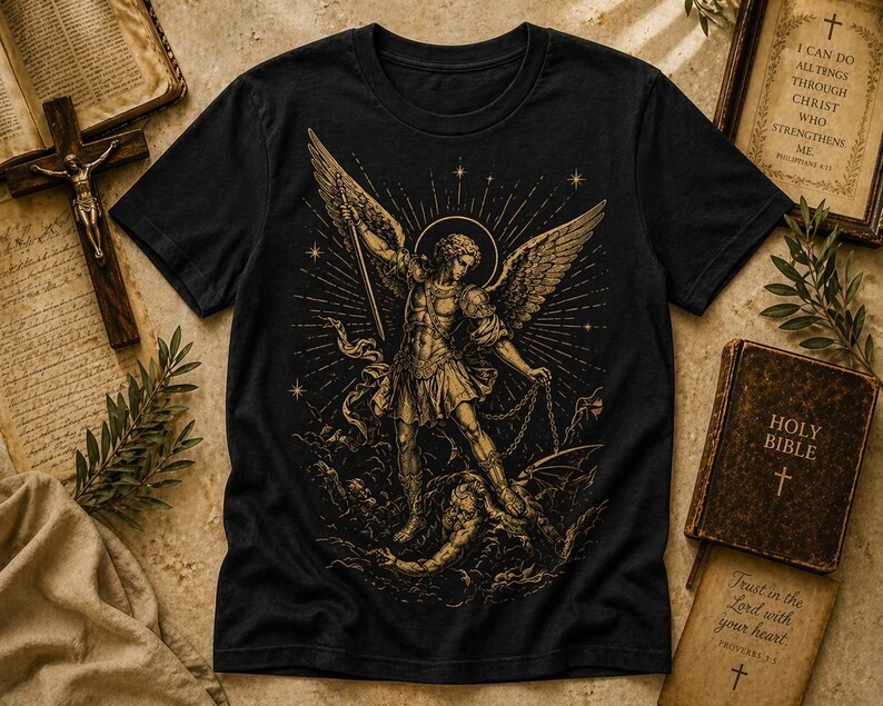 Saint Michael Victory Angel Tee – Faith Warrior Graphic Shirt gallery