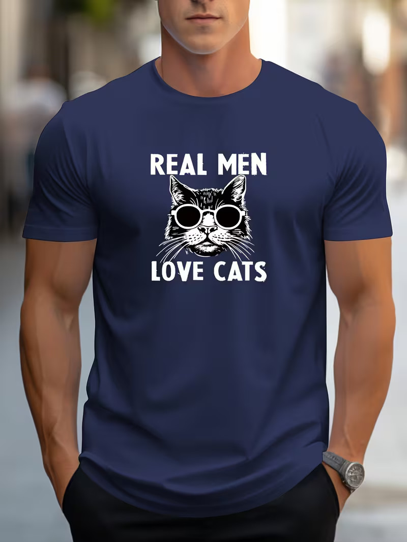 Men's Real Men Love Cats T-Shirt Funny Cat Dad Graphic Tee Gift Cotton Tee Top gallery