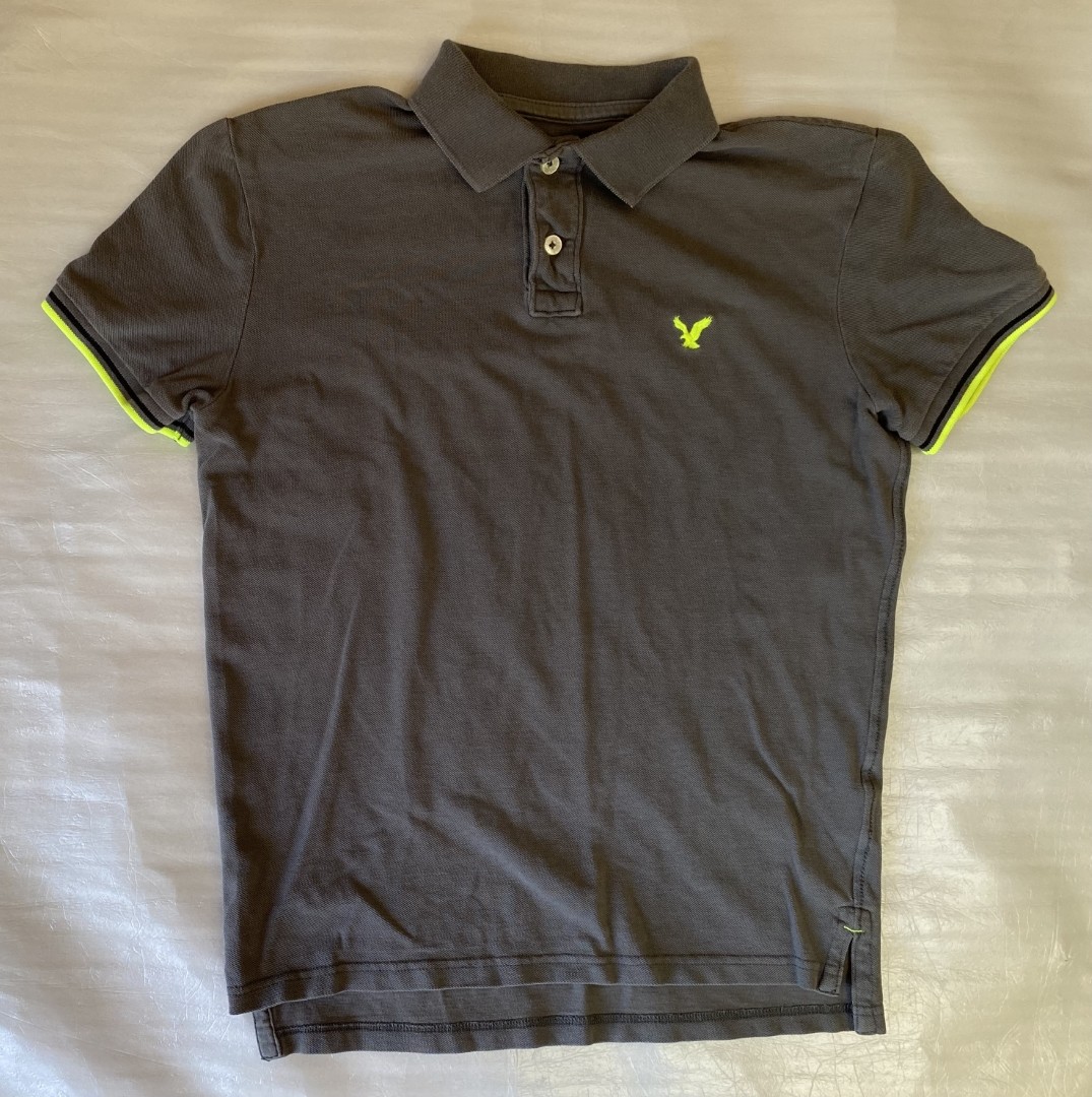 American Eagle Polo Shirt Men’s Small Gray Lime Green Accent Athletic Fit Casual