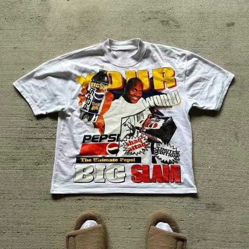Men’s Summer Retro Letter Portrait Printed T-shirt Boxy Fit Y2k Urban Streetwear