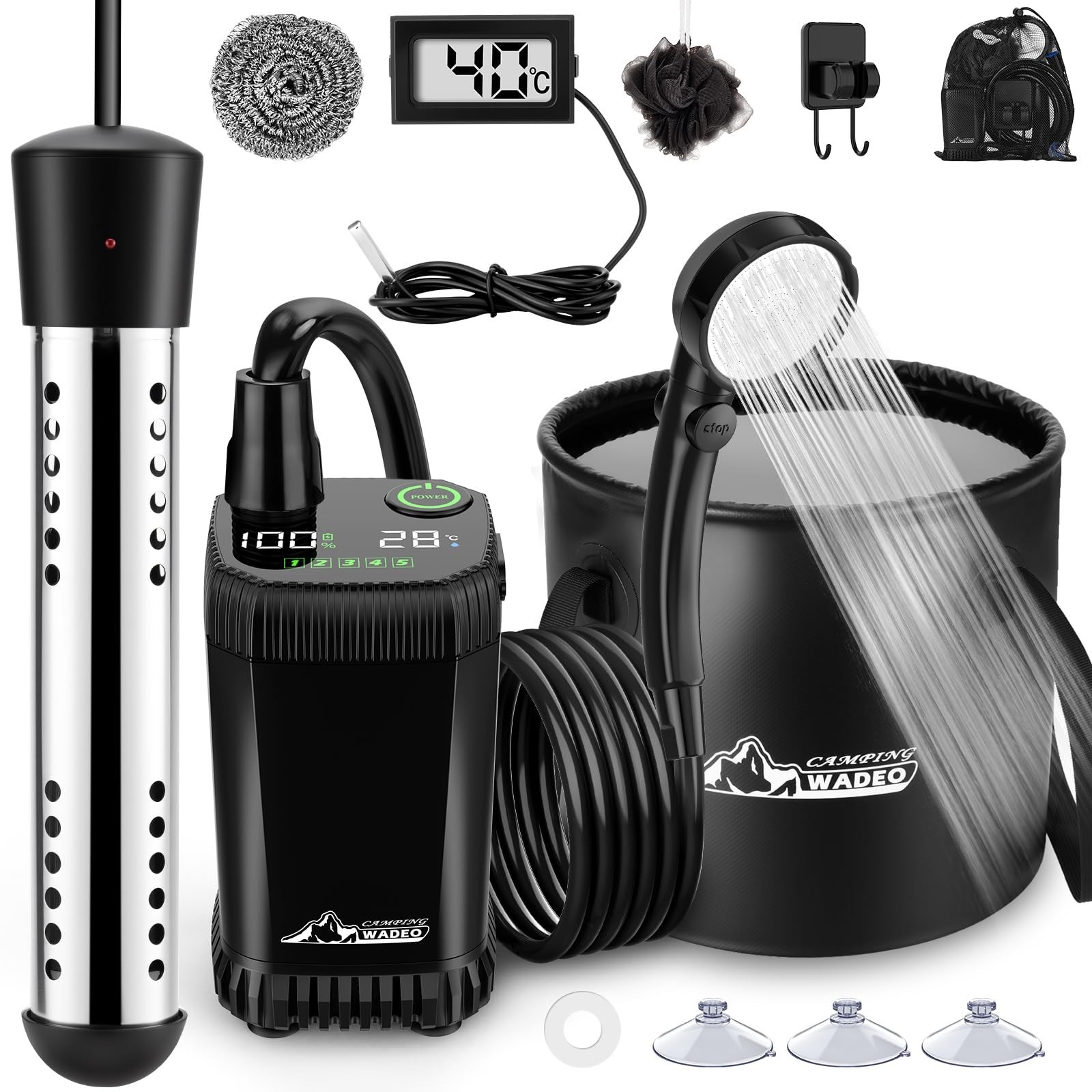 WADEO Portable Shower with Heater,5 Gal Foldable Bucket,LED Display Waterproof