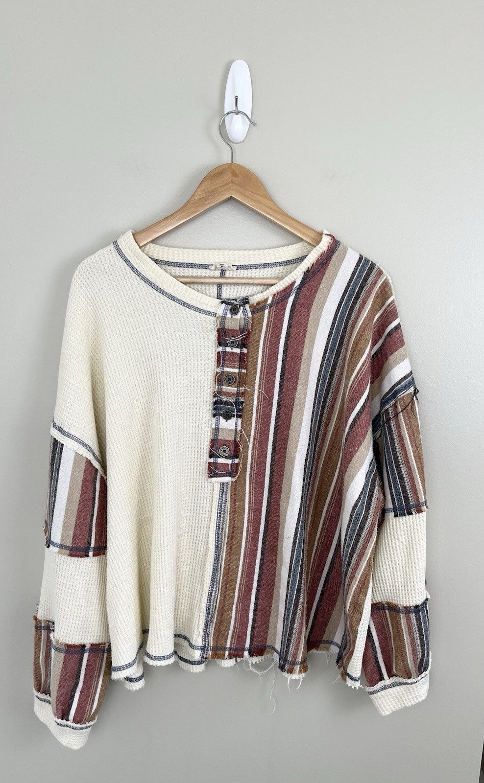 POL Mens Sz M Oversized Henley Tan waffle Knit Mixed Striped Fabric (flaw)