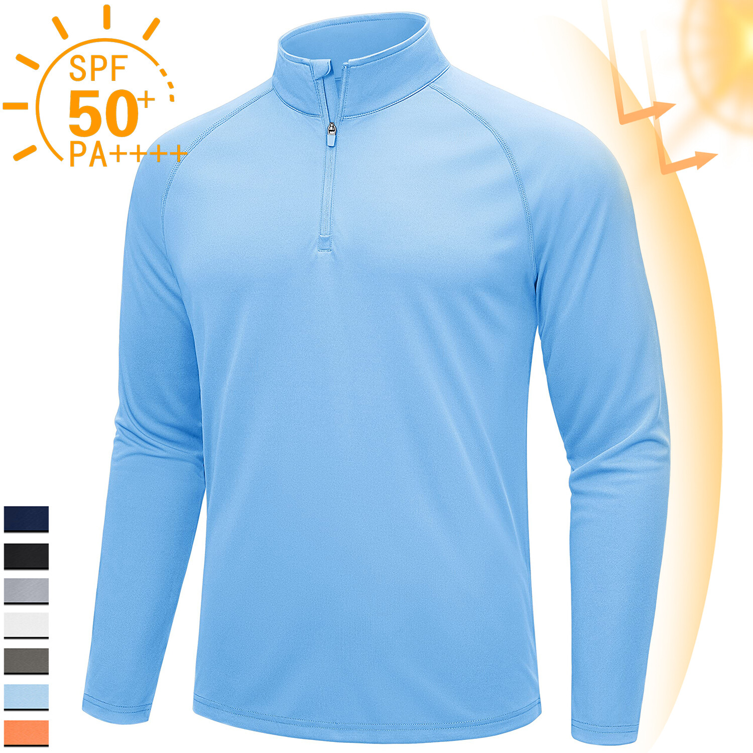 UPF50+ Mens 1/4 Zip UV Shirts Sun Protection Outdoor Fishing Performance T-Shirt