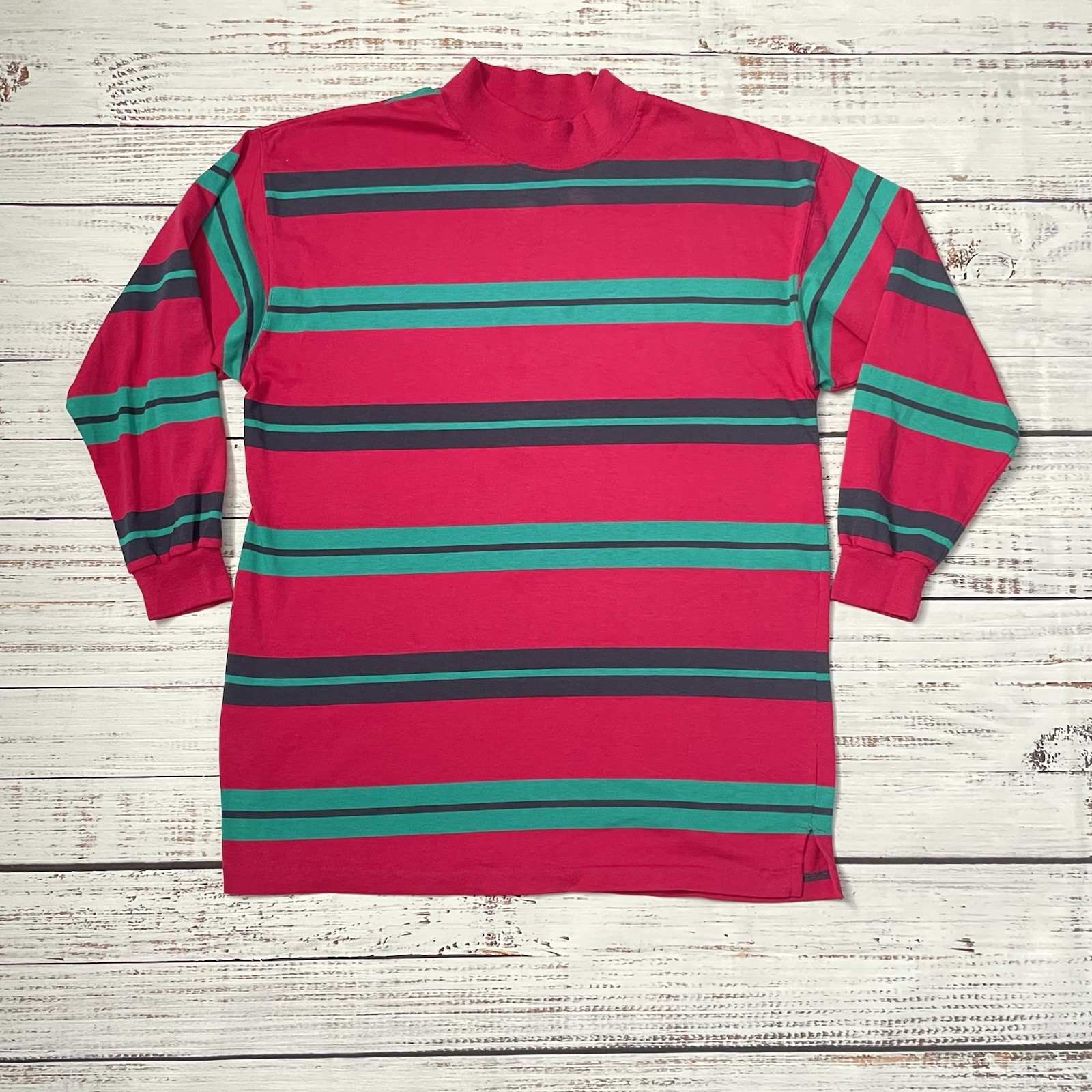 Vintage Class 955 Pink Green Striped Long Sleeve Blank Shirt Adult M Mock Neck gallery