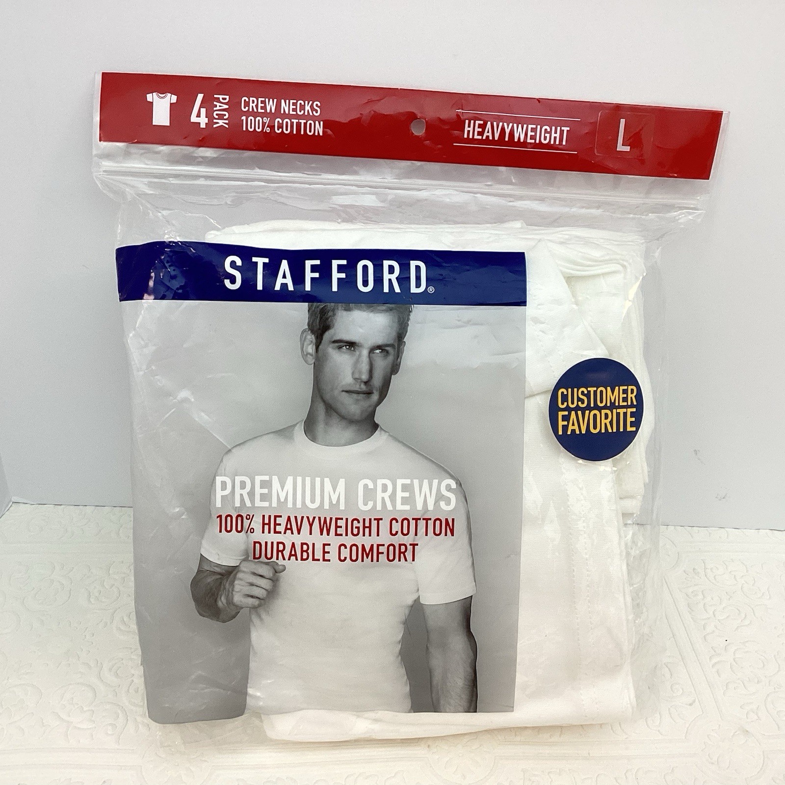 Stafford Heavyweight Premium Cotton White Crew Neck T-Shirts, 4 pack,Large, NEW gallery