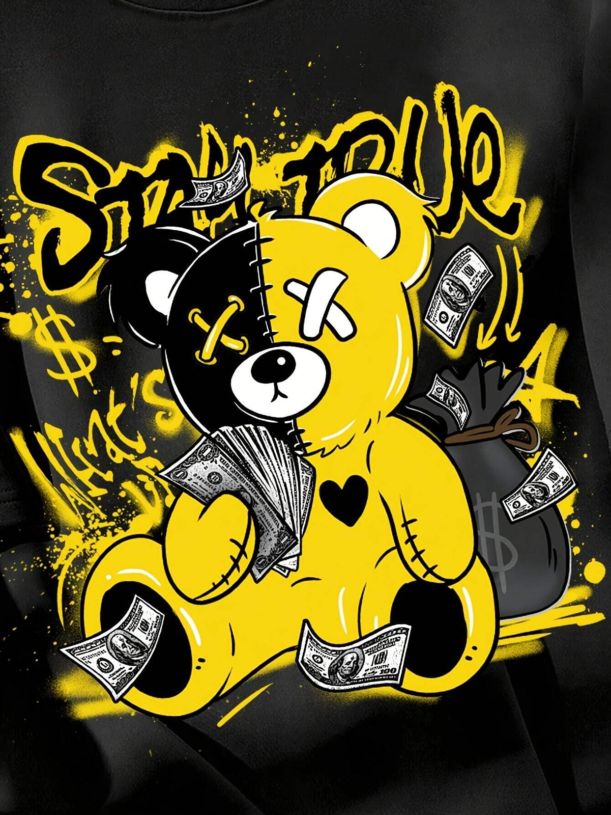 Splicing Bear And Letter Printed Casual T-shirt, Round Neck Loose Top With Dropp gallery