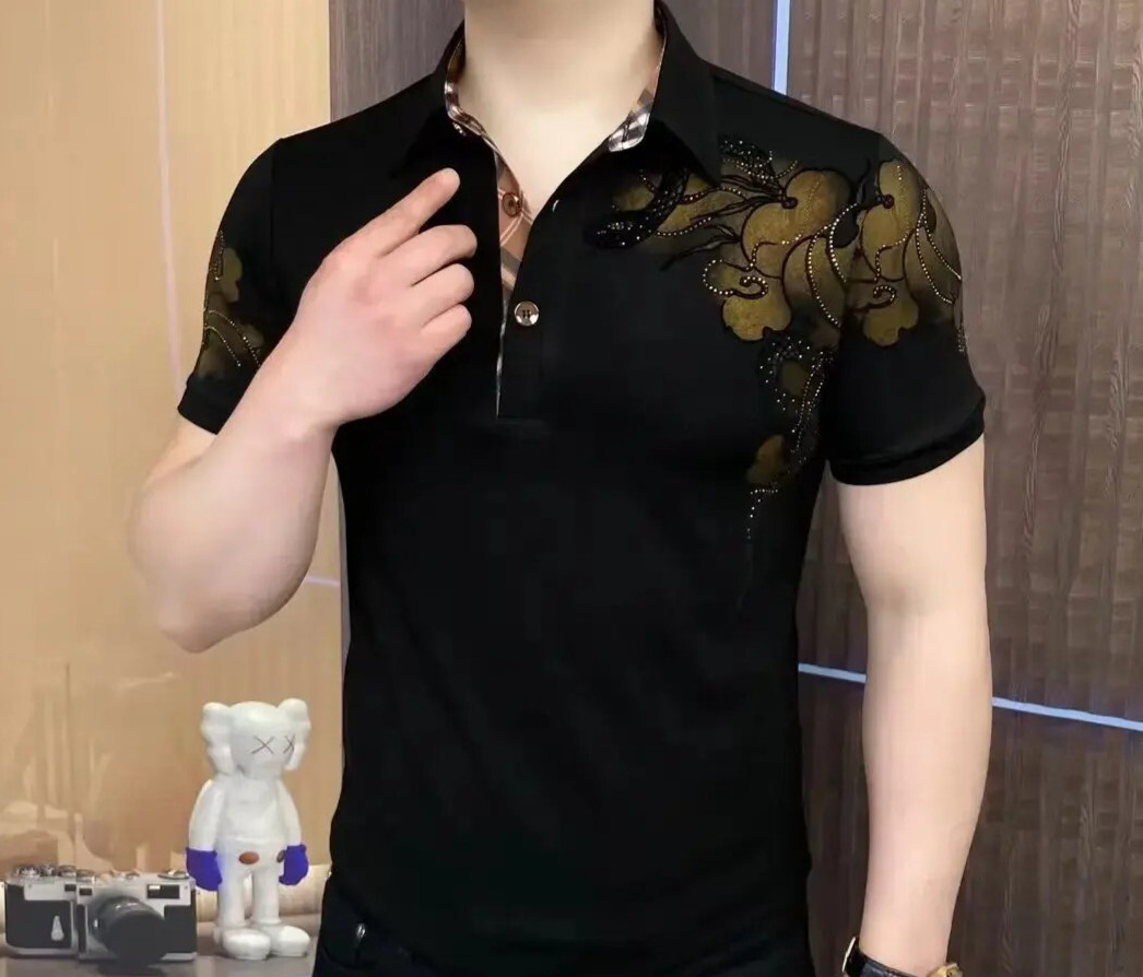 New Men Luxury Diamond Rhinestones Fashion Black Polo T-Shirt High Quality gallery