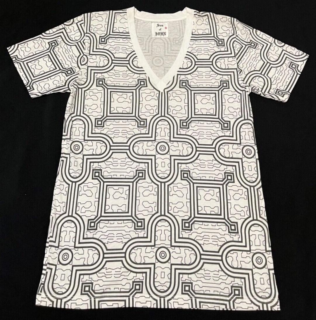 Son of John Men’s Semi Sheer White & Black Chipibo Print Graphic Tee Size S NWOT