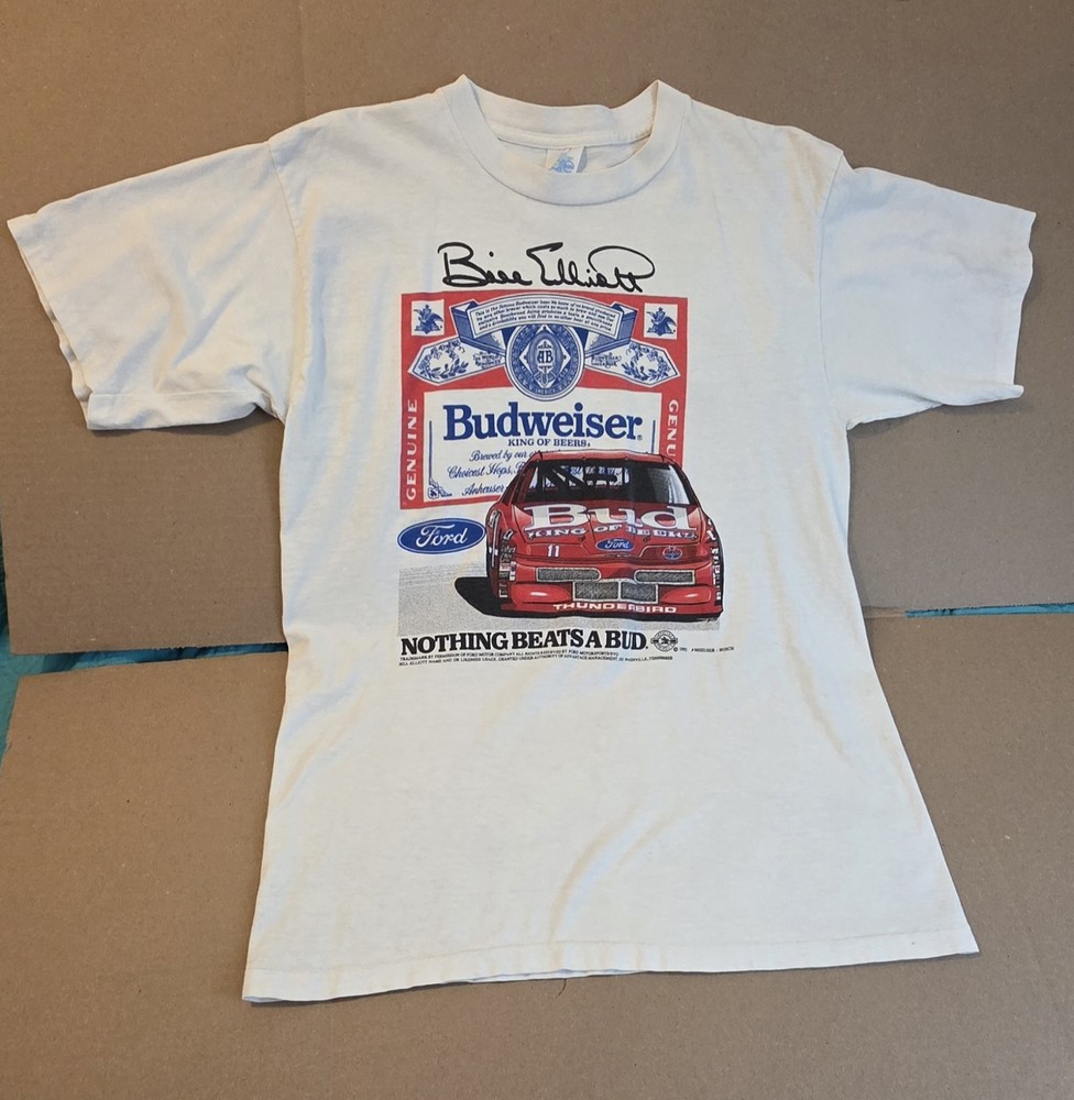 Vintage 1992 Bill Elliott #11 Budweiser NASCAR Single Stitch T-SHIRT Large. READ