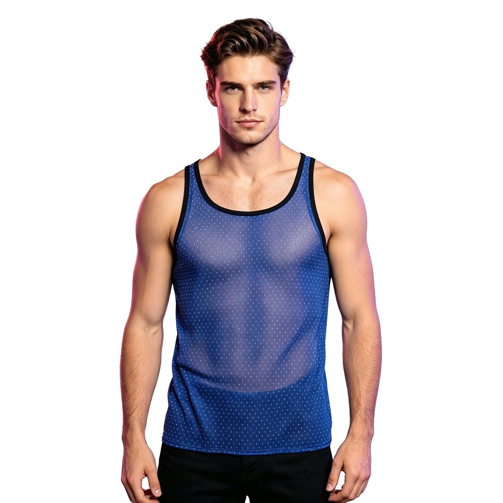 Men Glitter Rhinestone Mesh Tank Top Sleeveless See Through Mesh Vest Tee Shirt