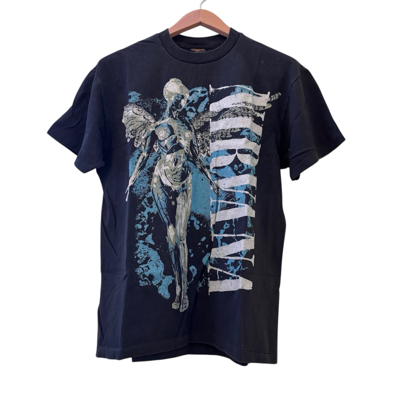 NIRVANA Vintage 90s IN UTERO T-Shirt ANGEL Blue Band Tour REPRINT Size Large