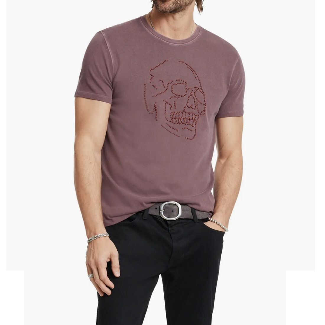 John Varvatos Men's Large Skull Embroidered Beaded Knots Crew T-Shirt Mauvewood gallery