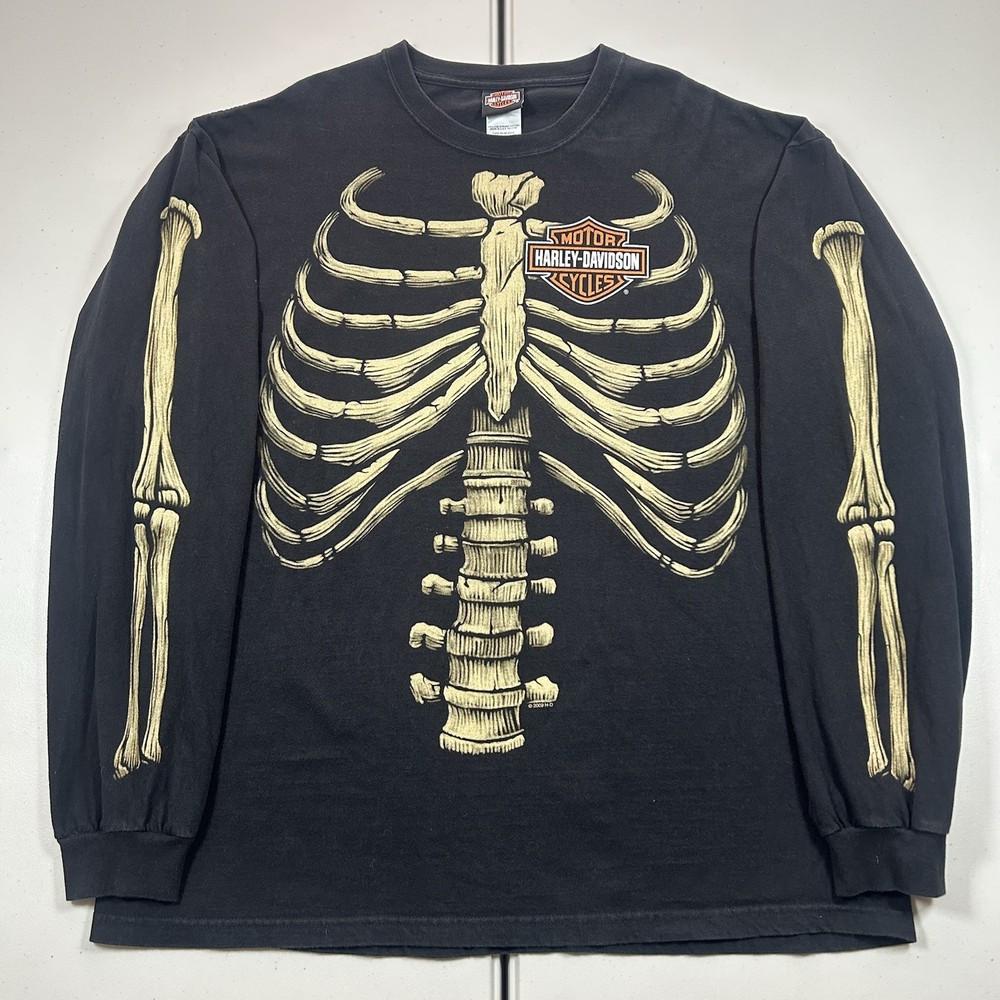 Vintage 2009 Harley Davidson Skeleton Bones Long Sleeve Shirt Size 2XL Grail y2k