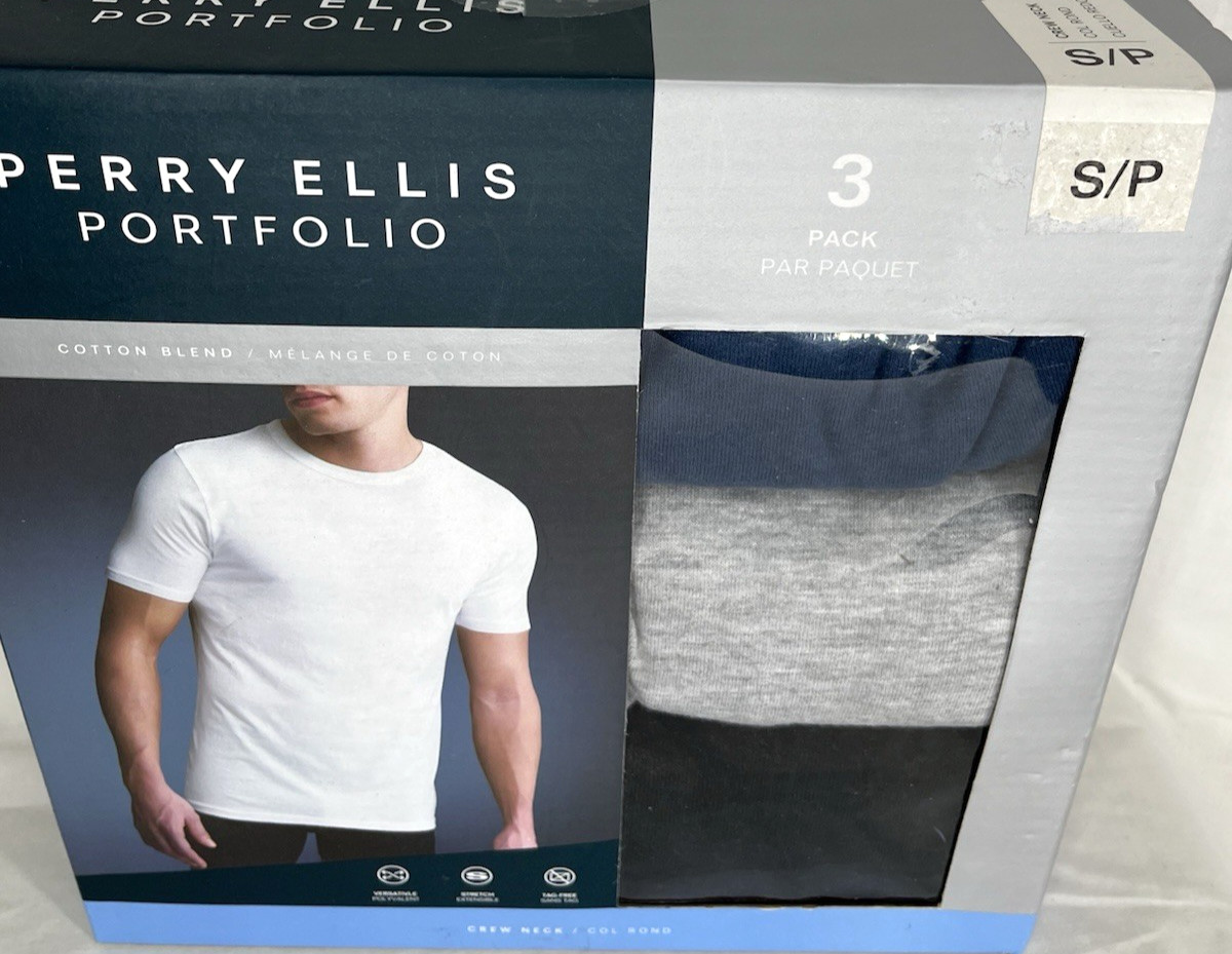 PERRY ELLIS Men's Crew Neck Tees SZ Small 3-Pk Cotton Blend Stretch Grey Black gallery