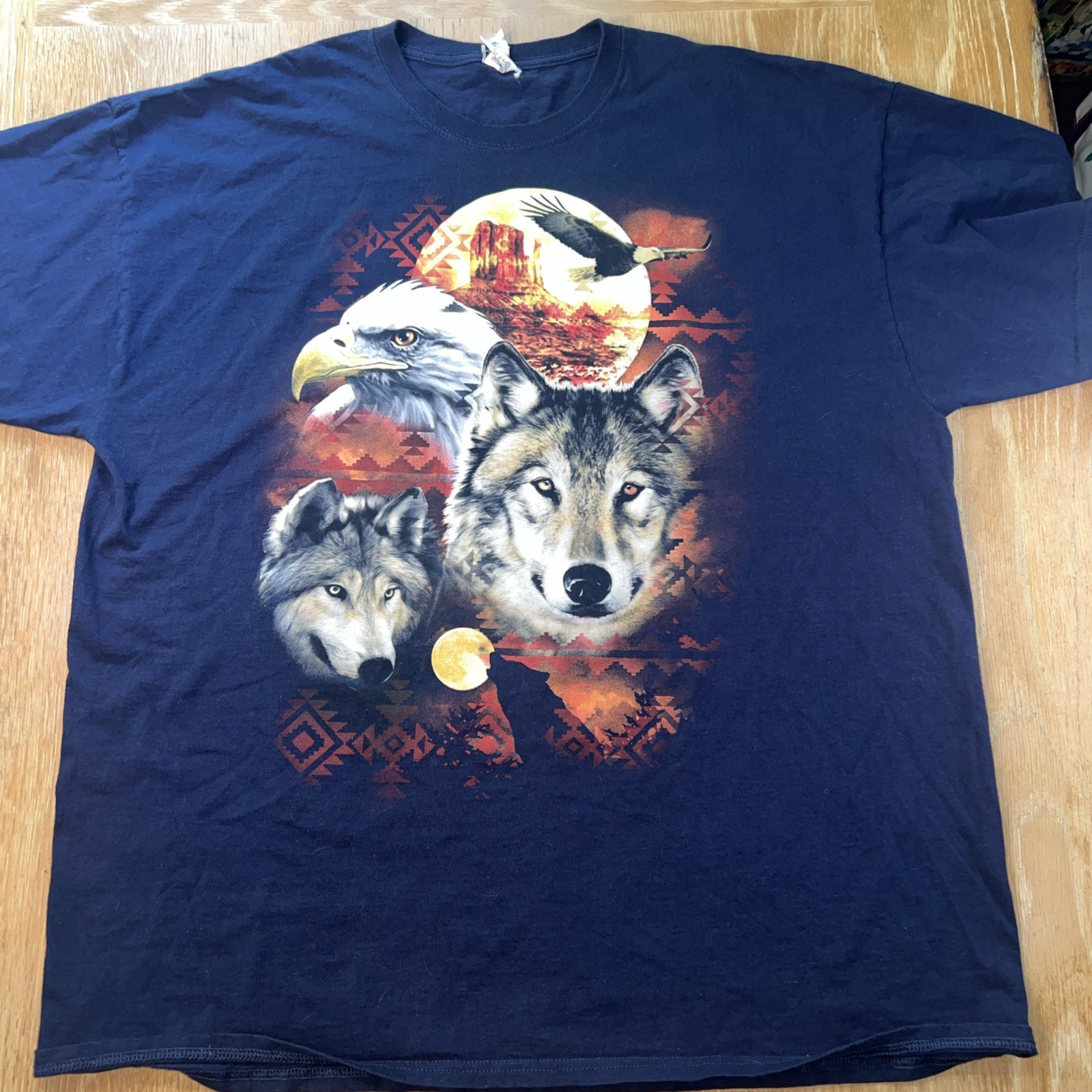 Wolf Eagle Southwest Aztec Graphic T-Shirt 2XL Navy Blue Heavy Cotton gallery