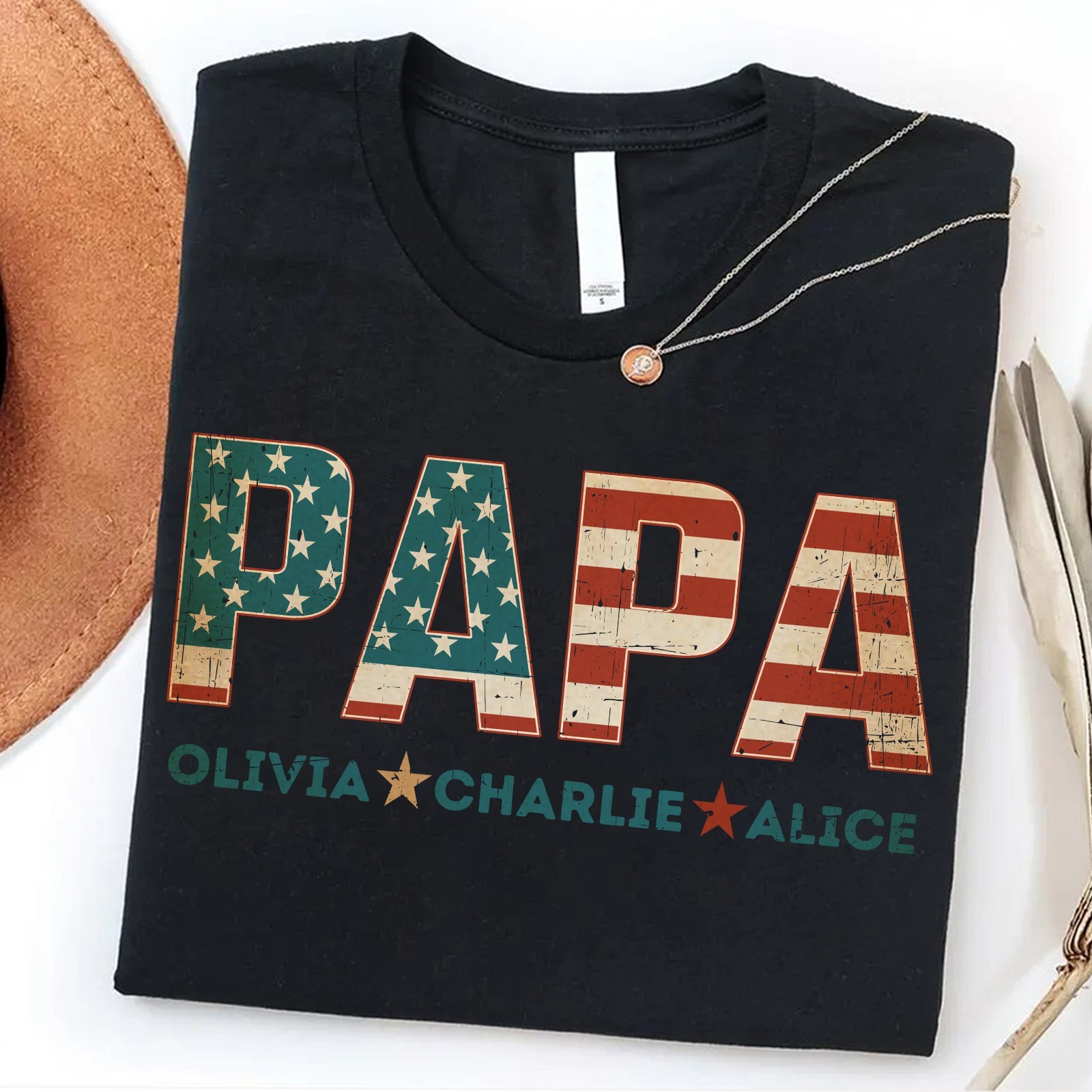 Personalized Papa Shirt Custom Kids Name Patriotic Dad USA Flag Fathers Gift Tee gallery
