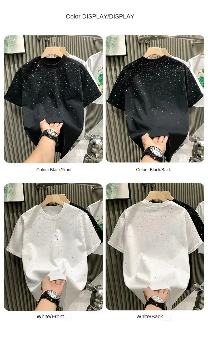 New Men Women Luxury Diamond Rhinestones Black White T-Shirt High Quality gallery