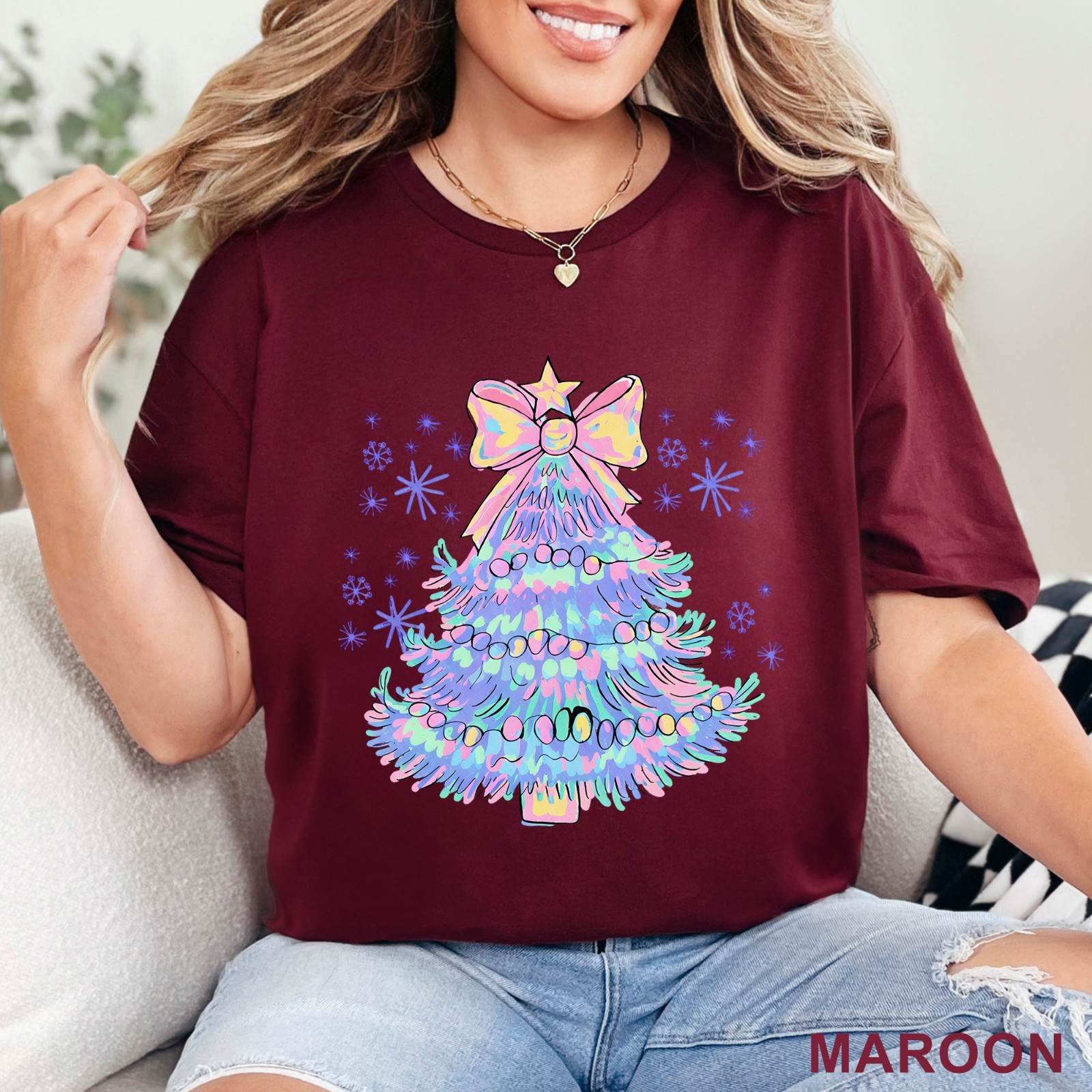 Pastel Holographic Christmas Tree Shirt, Coquette Christmas Tree Shirt, 203704 gallery