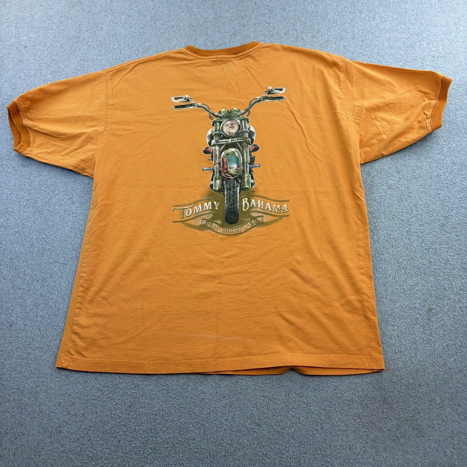 Tommy Bahama Shirt Mens Medium Orange Motorcycle Chillin Without Cause Tee Adult